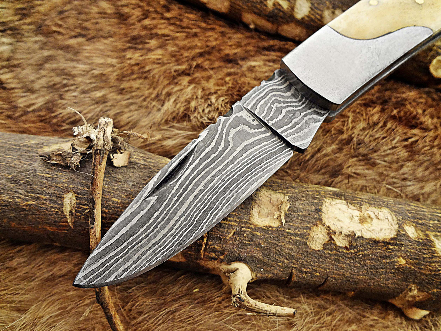 Damascus steel 6.5 " long Folding Knife, Various scales available with steel bolster, 3" Hand Forged blade,  Cow hide leather sheath included