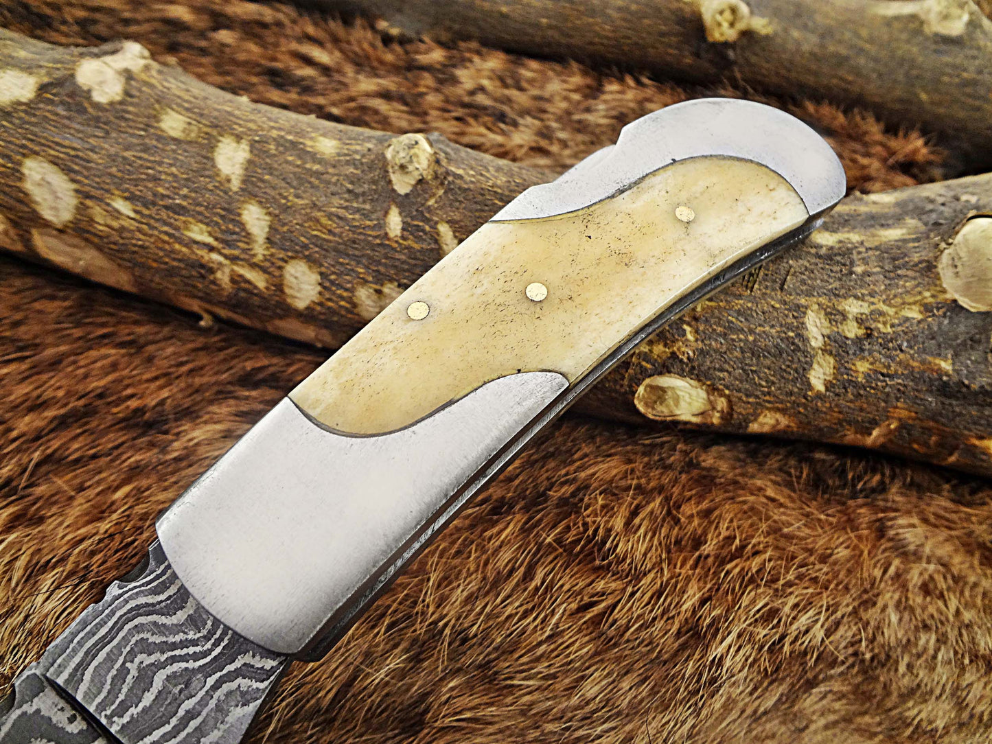 Damascus steel 6.5 " long Folding Knife, Various scales available with steel bolster, 3" Hand Forged blade,  Cow hide leather sheath included