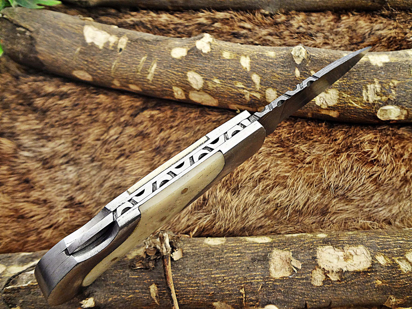 Damascus steel 6.5 " long Folding Knife, Various scales available with steel bolster, 3" Hand Forged blade,  Cow hide leather sheath included