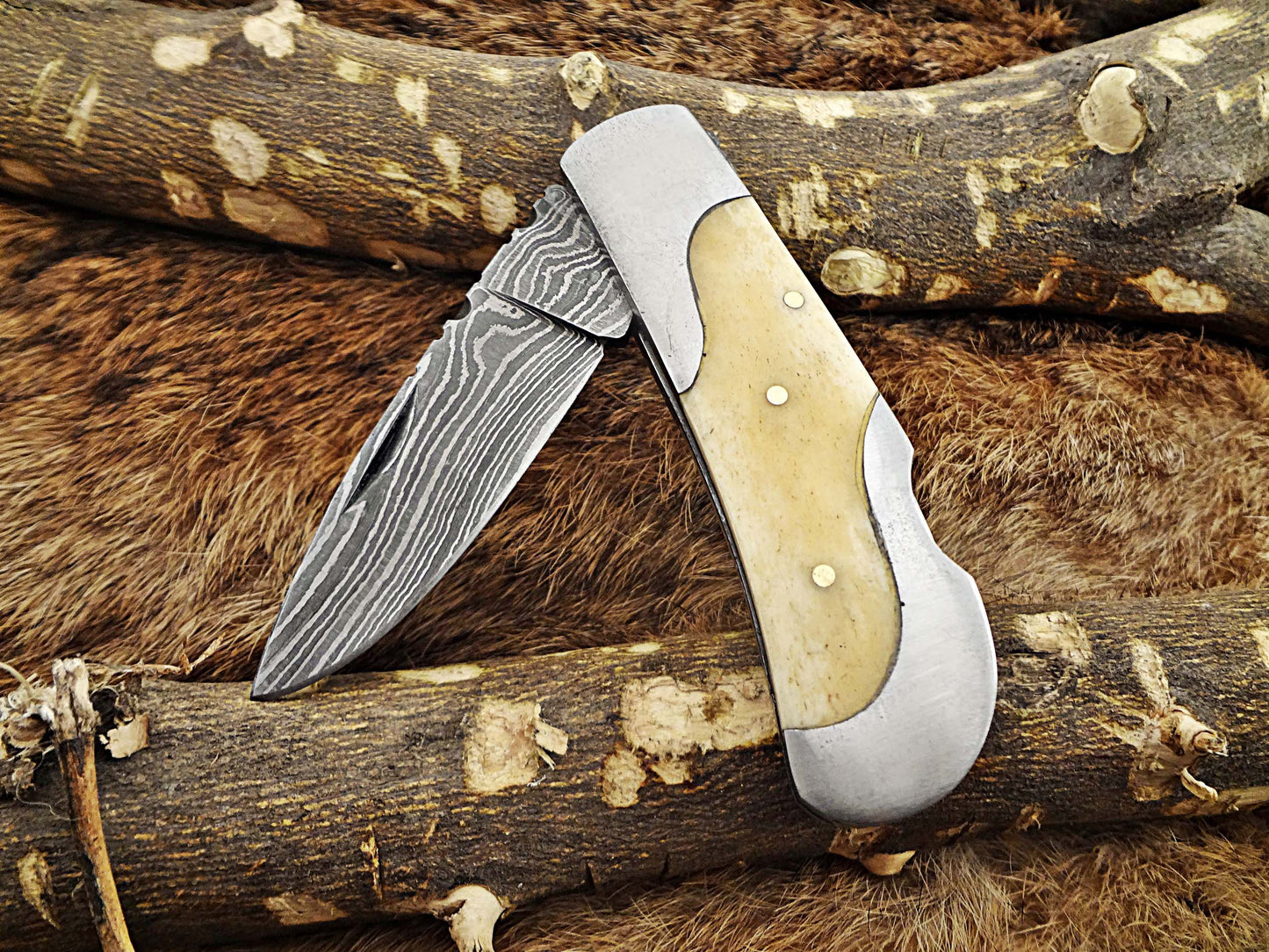 Damascus steel 6.5 " long Folding Knife, Various scales available with steel bolster, 3" Hand Forged blade,  Cow hide leather sheath included