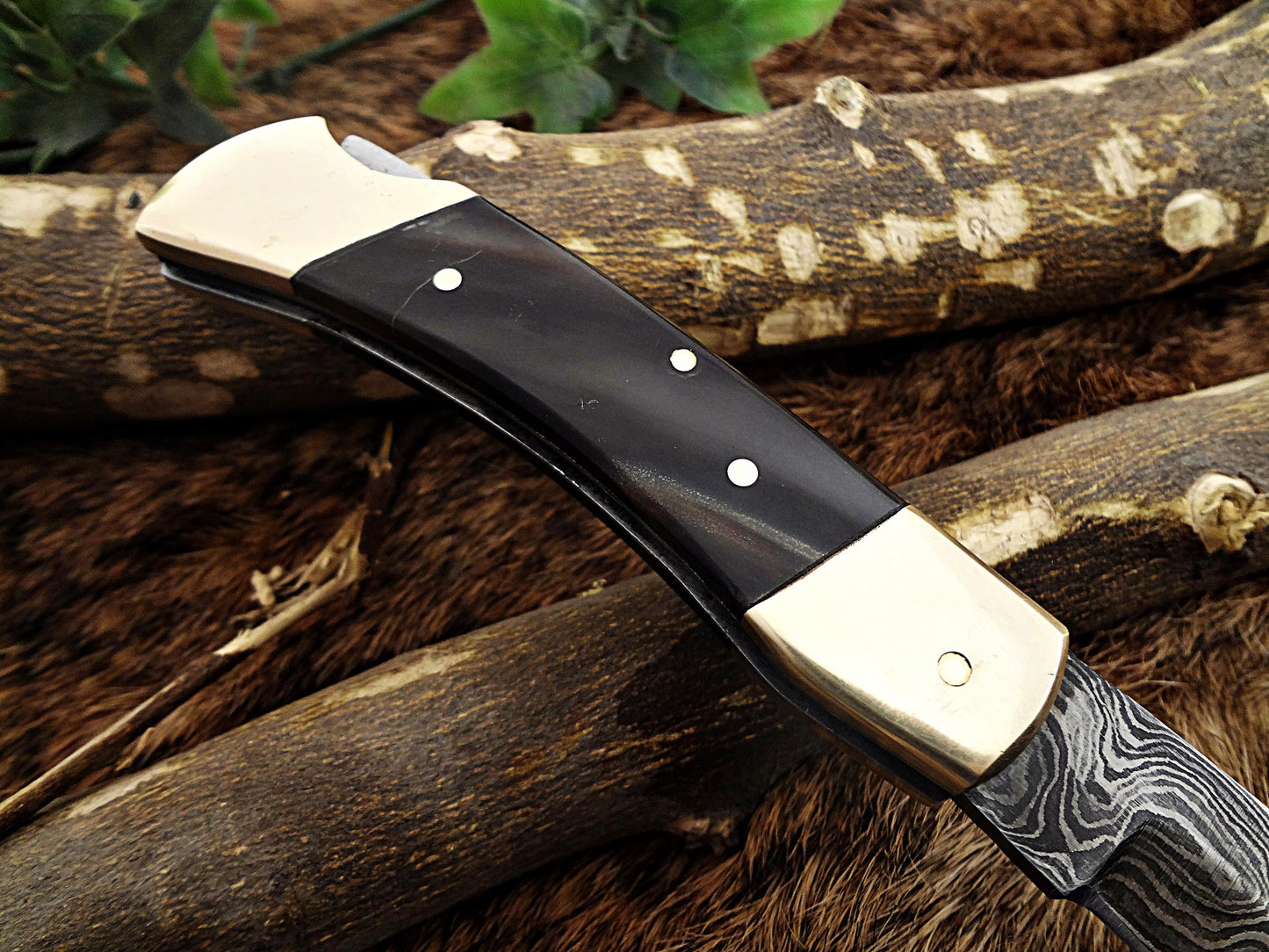 7.5" back liver lock Folding Knife, Hand forged Damascus steel blade, Available in wood, Bone and Horn scales bolster, Comes with cow hide leather sheath