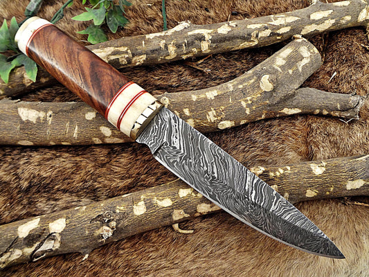 11" Long Damascus steel hunting Knife hand forged Twist pattern, Natural wood with camel bone & brass scale, thick Cow hide leather sheath