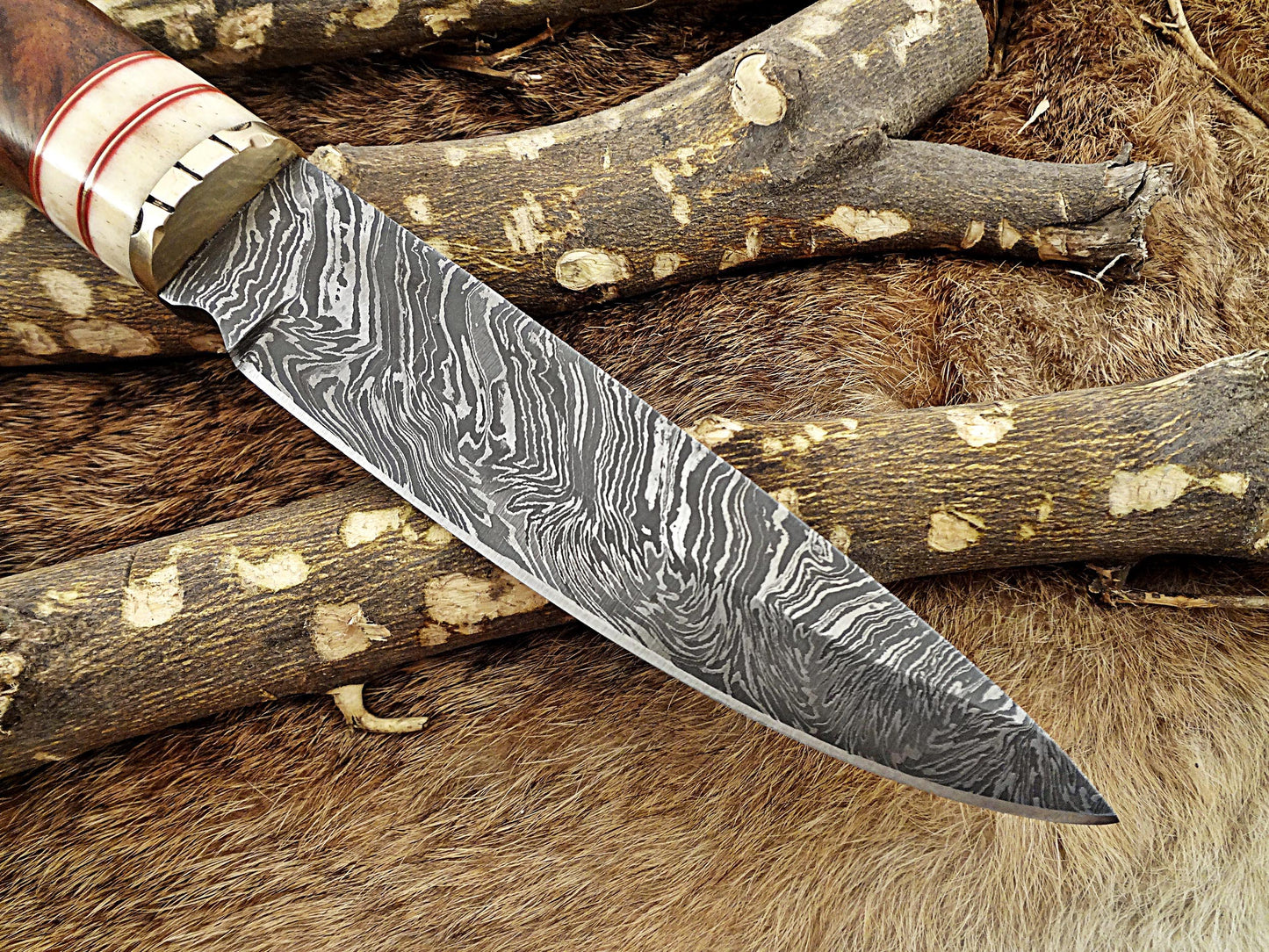 11" Long Damascus steel hunting Knife hand forged Twist pattern, Natural wood with camel bone & brass scale, thick Cow hide leather sheath