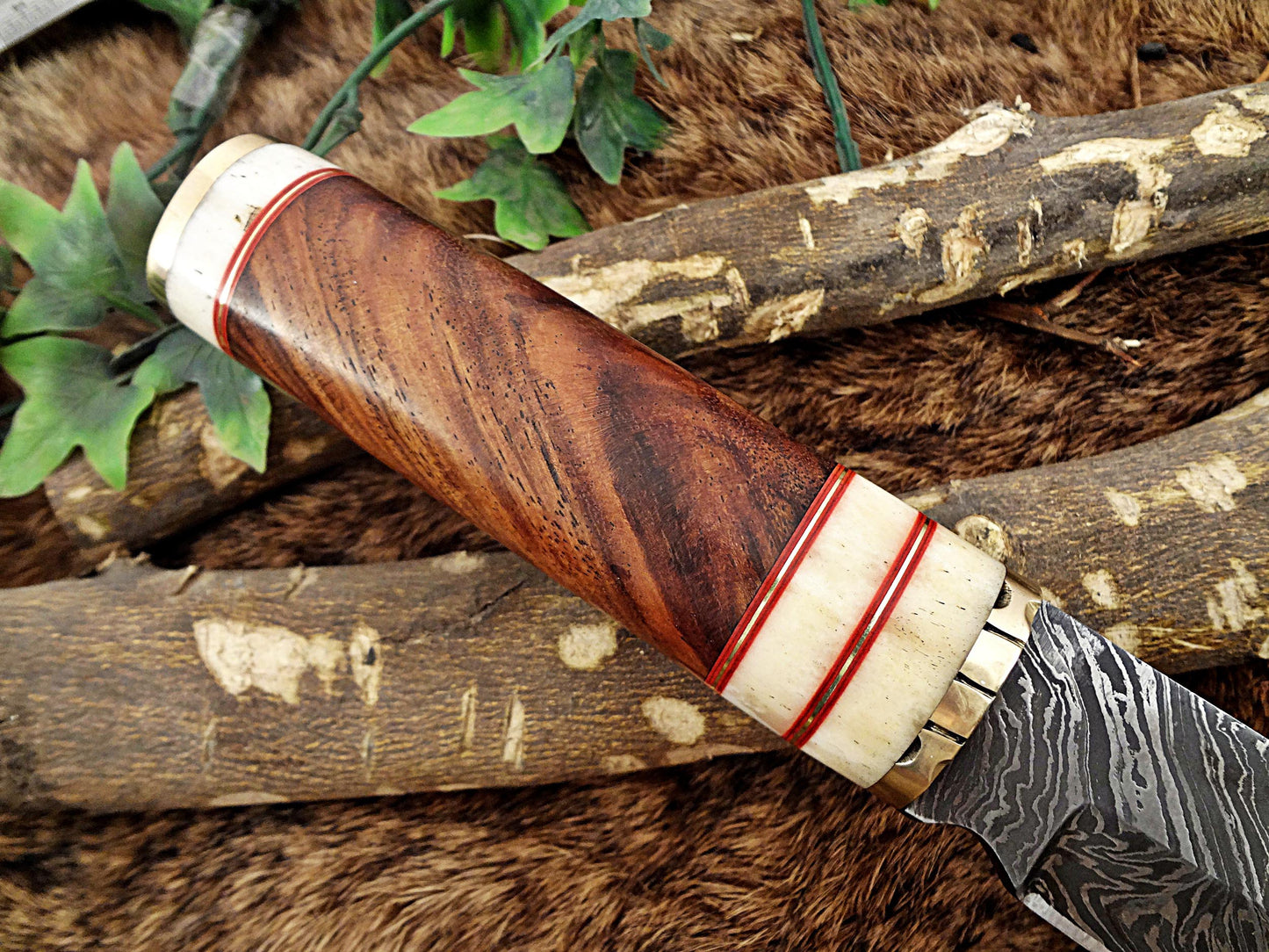 11" Long Damascus steel hunting Knife hand forged Twist pattern, Natural wood with camel bone & brass scale, thick Cow hide leather sheath
