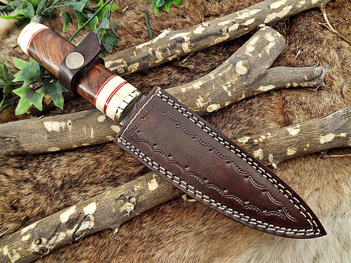 11" Long Damascus steel hunting Knife hand forged Twist pattern, Natural wood with camel bone & brass scale, thick Cow hide leather sheath