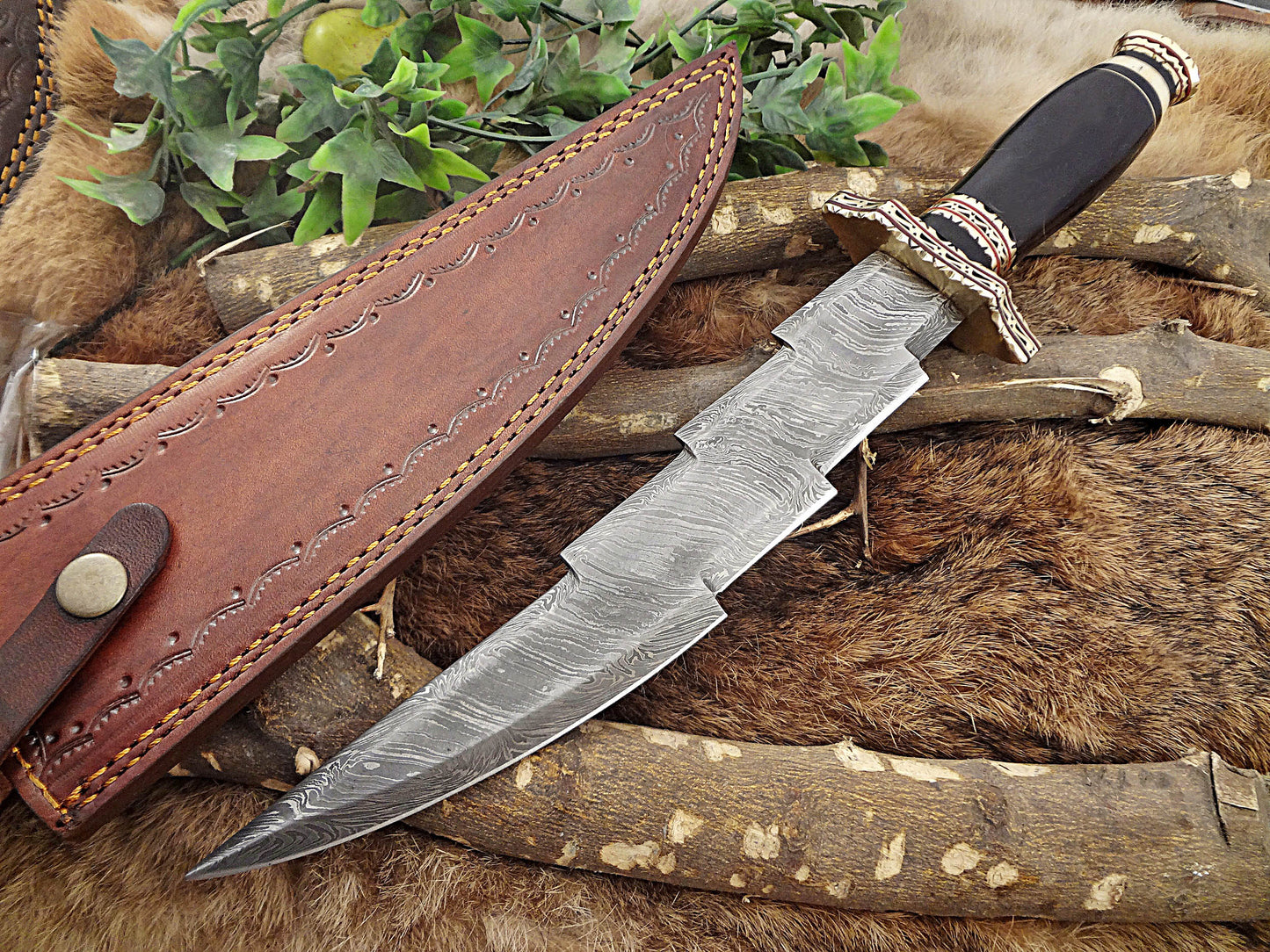 14.5" long custom made Hand Forged Damascus Steel zig zag blade Knife With 9" blade, camel bone with engraved brass scale Leather sheath