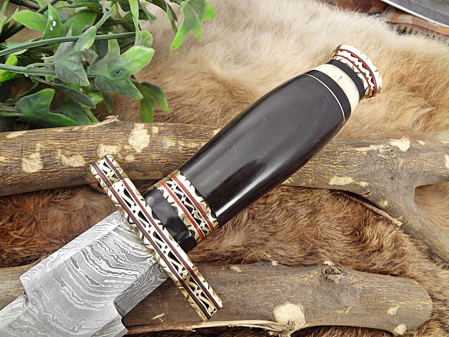 14.5" long custom made Hand Forged Damascus Steel zig zag blade Knife With 9" blade, camel bone with engraved brass scale Leather sheath