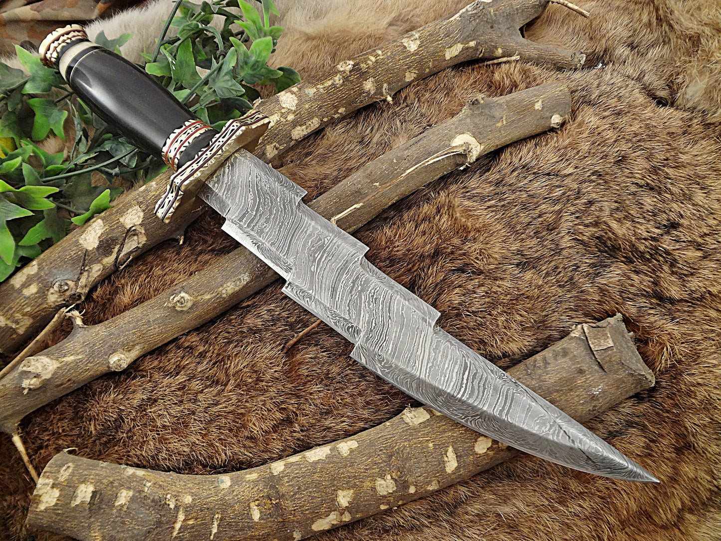 14.5" long custom made Hand Forged Damascus Steel zig zag blade Knife With 9" blade, camel bone with engraved brass scale Leather sheath