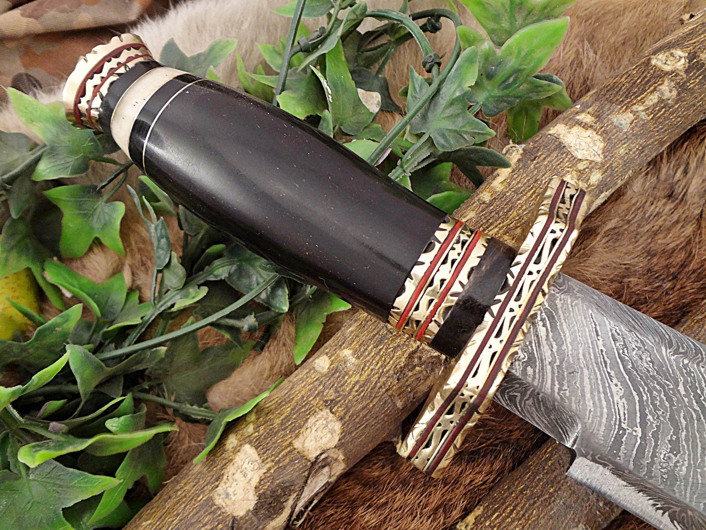 14.5" long custom made Hand Forged Damascus Steel zig zag blade Knife With 9" blade, camel bone with engraved brass scale Leather sheath