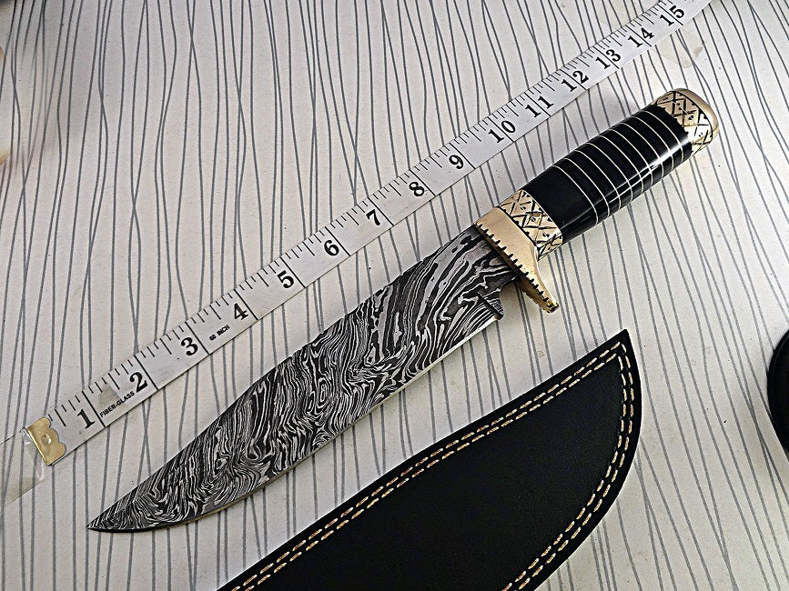 13.5 Inches long Damascus steel custom made bowie Knife bull horn with engraved brass scale Hand Forged 8" blade cow hide leather sheath