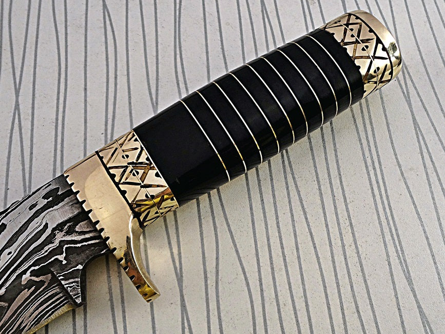 13.5 Inches long Damascus steel custom made bowie Knife bull horn with engraved brass scale Hand Forged 8" blade cow hide leather sheath