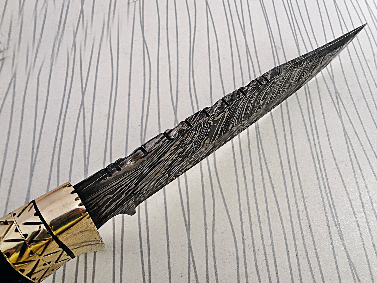13.5 Inches long Damascus steel custom made bowie Knife bull horn with engraved brass scale Hand Forged 8" blade cow hide leather sheath