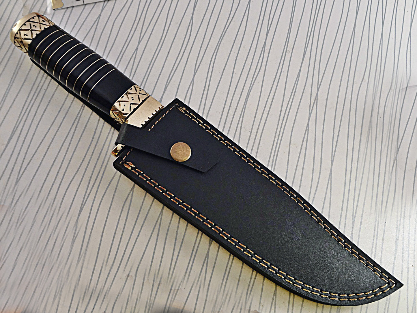 13.5 Inches long Damascus steel custom made bowie Knife bull horn with engraved brass scale Hand Forged 8" blade cow hide leather sheath