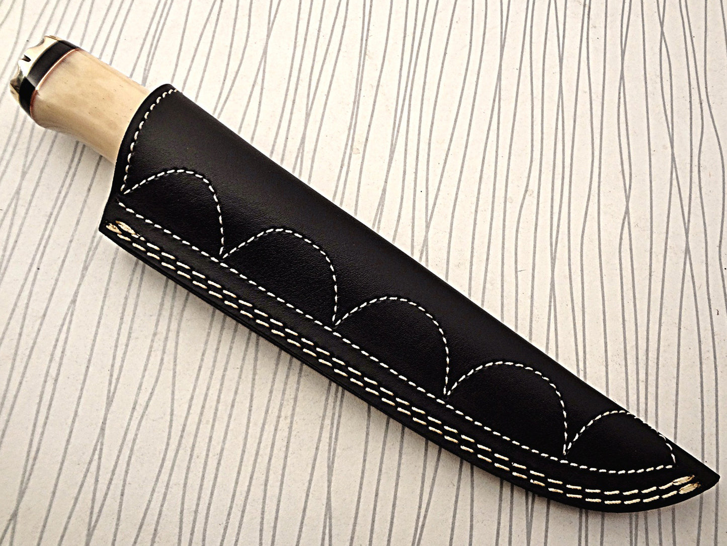 11" Long Damascus steel hunting Knife hand forged fire pattern, engraved Camel bone & brass round scale, thick Cow hide leather sheath