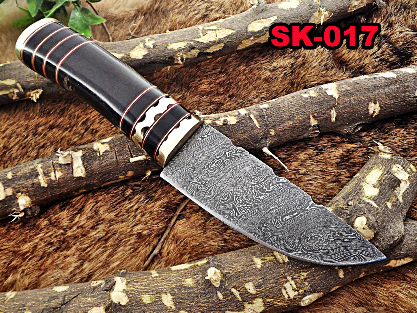 9" Long hand forged Damascus steel Knife, Buffalo Horn round scale with engraved Brass and fiber spacing, cow hide Leather sheath