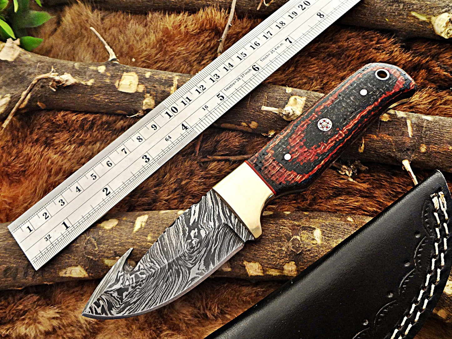 8" Long hand forged Damascus steel full tang blade gut hook skinning Knife, 3 scales available, includes Cow hide leather sheath