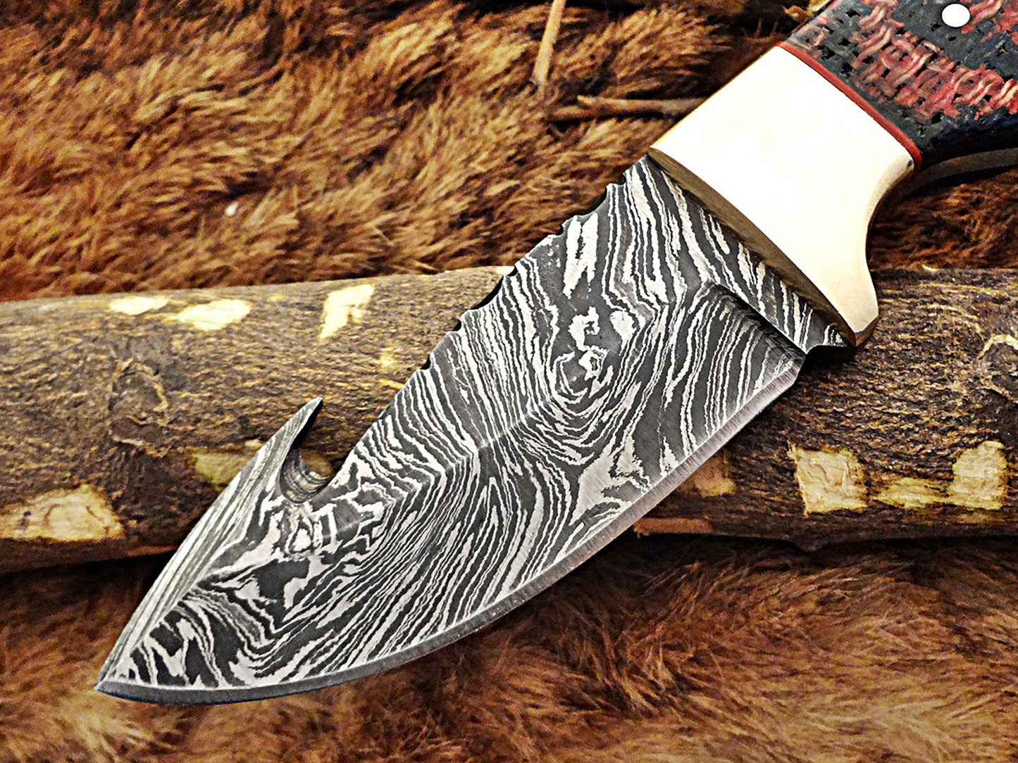 8" Long hand forged Damascus steel full tang blade gut hook skinning Knife, 3 scales available, includes Cow hide leather sheath