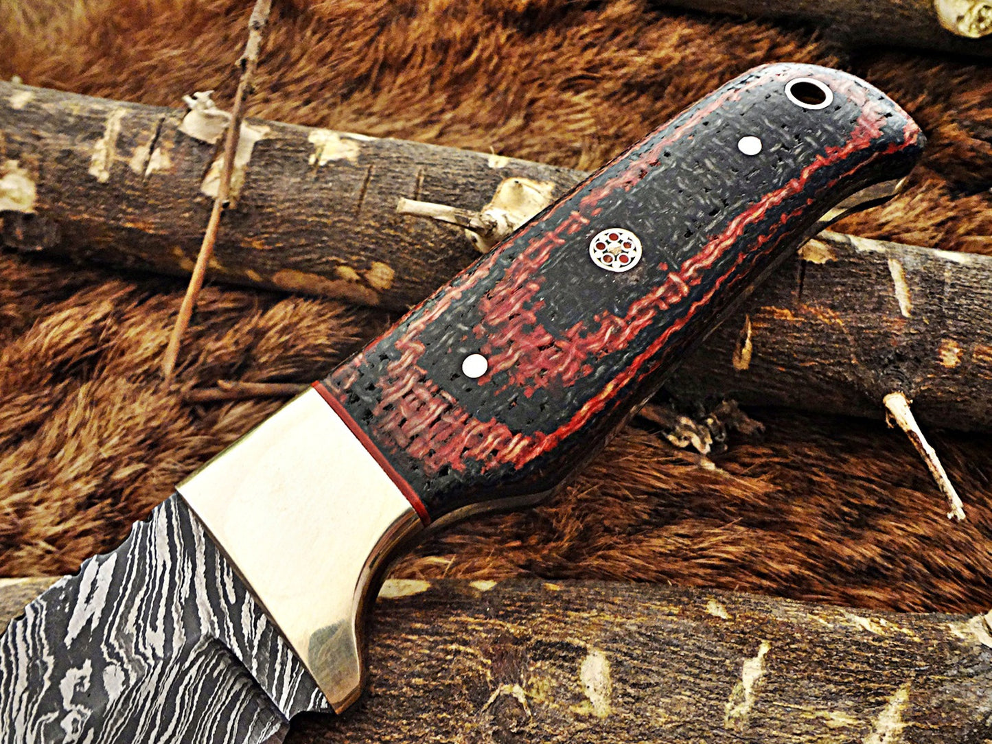 8" Long hand forged Damascus steel full tang blade gut hook skinning Knife, 3 scales available, includes Cow hide leather sheath