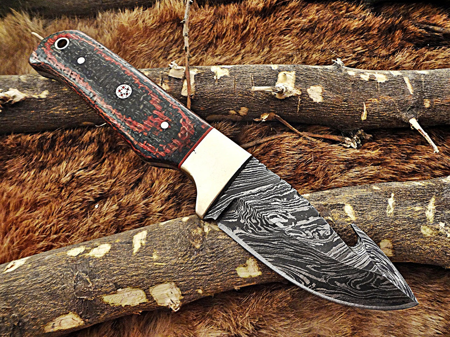 8" Long hand forged Damascus steel full tang blade gut hook skinning Knife, 3 scales available, includes Cow hide leather sheath
