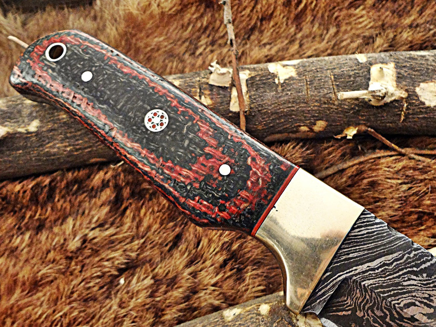 8" Long hand forged Damascus steel full tang blade gut hook skinning Knife, 3 scales available, includes Cow hide leather sheath