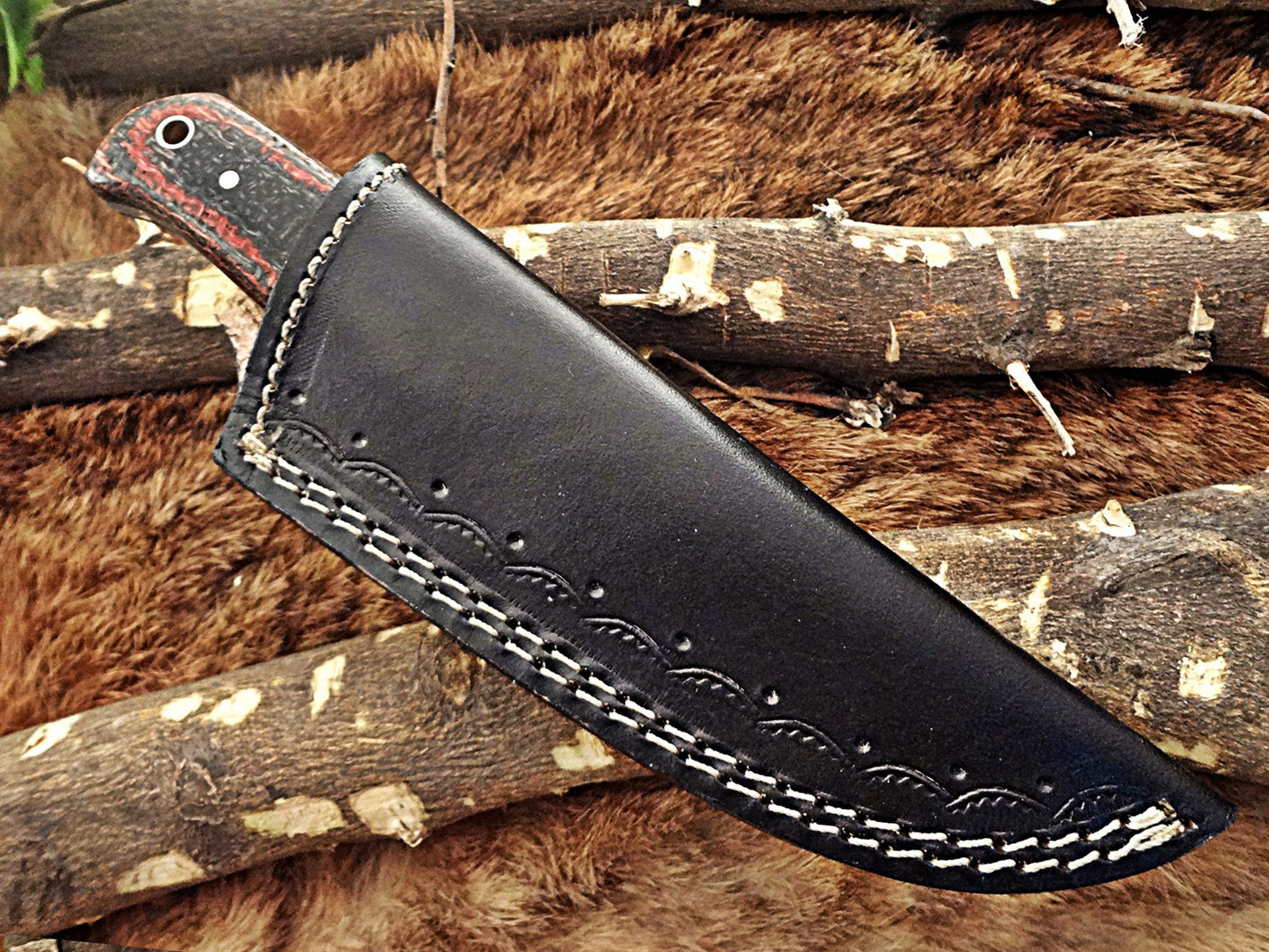 8" Long hand forged Damascus steel full tang blade gut hook skinning Knife, 3 scales available, includes Cow hide leather sheath