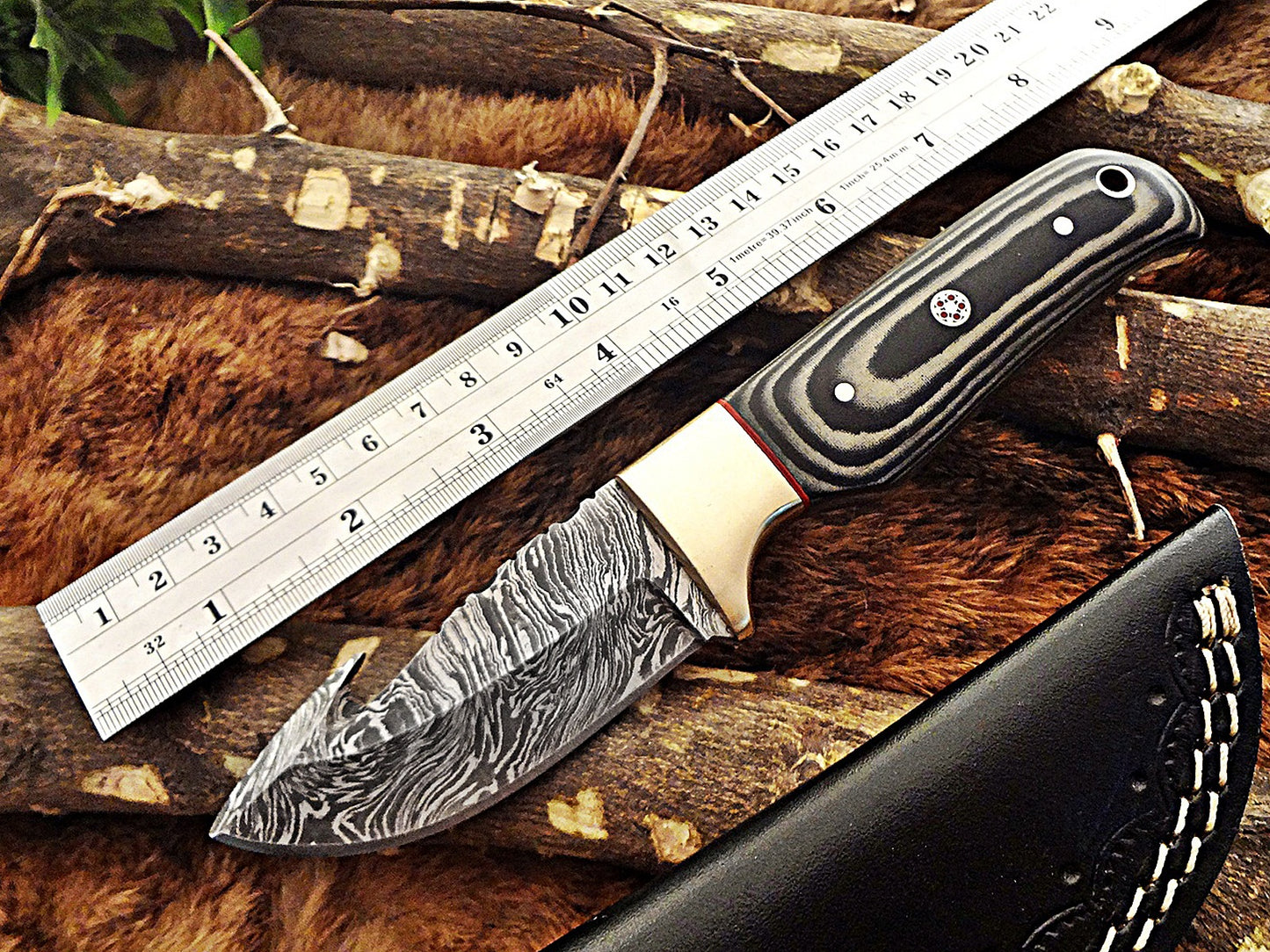 8" Long hand forged Damascus steel full tang blade gut hook skinning Knife, 3 scales available, includes Cow hide leather sheath