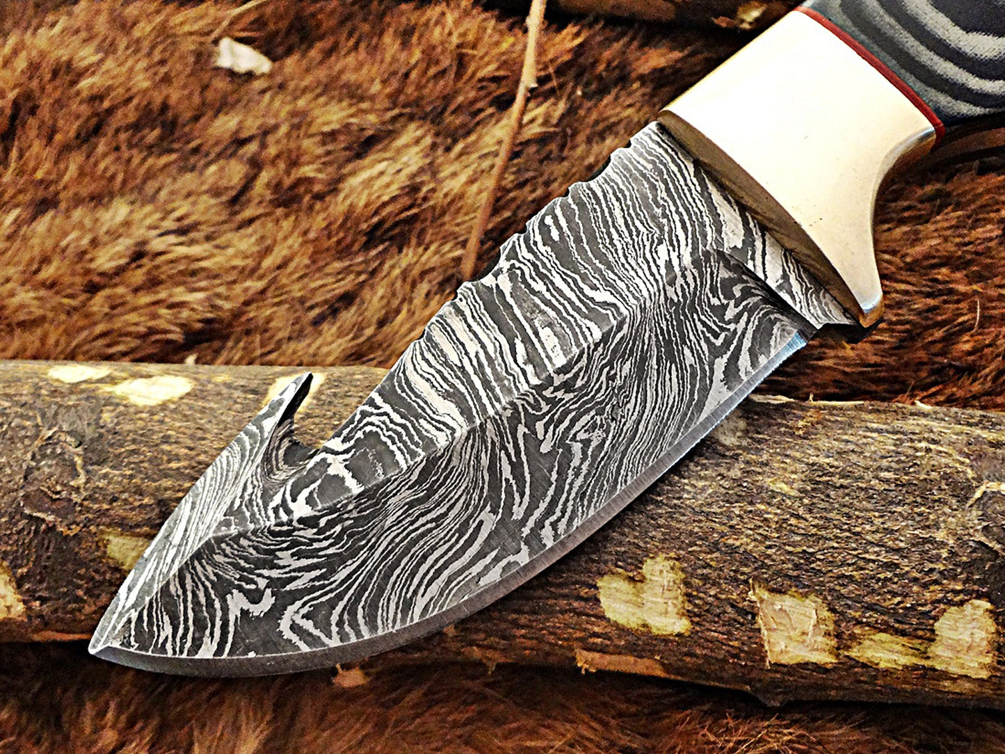 8" Long hand forged Damascus steel full tang blade gut hook skinning Knife, 3 scales available, includes Cow hide leather sheath