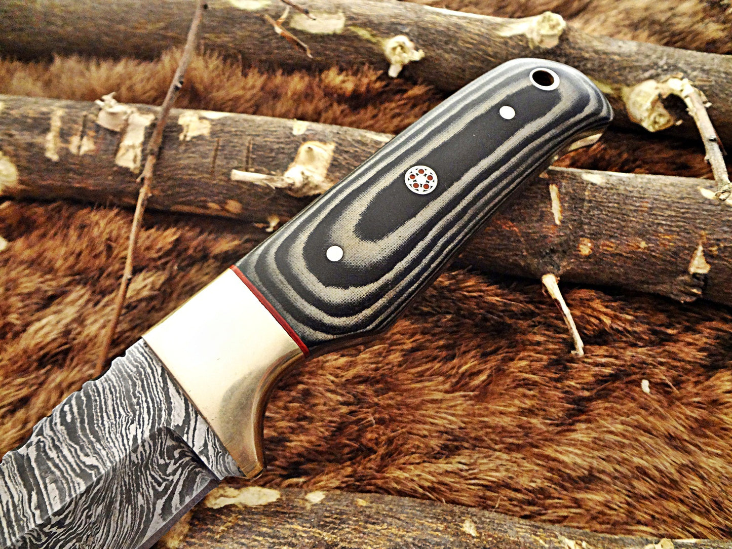 8" Long hand forged Damascus steel full tang blade gut hook skinning Knife, 3 scales available, includes Cow hide leather sheath