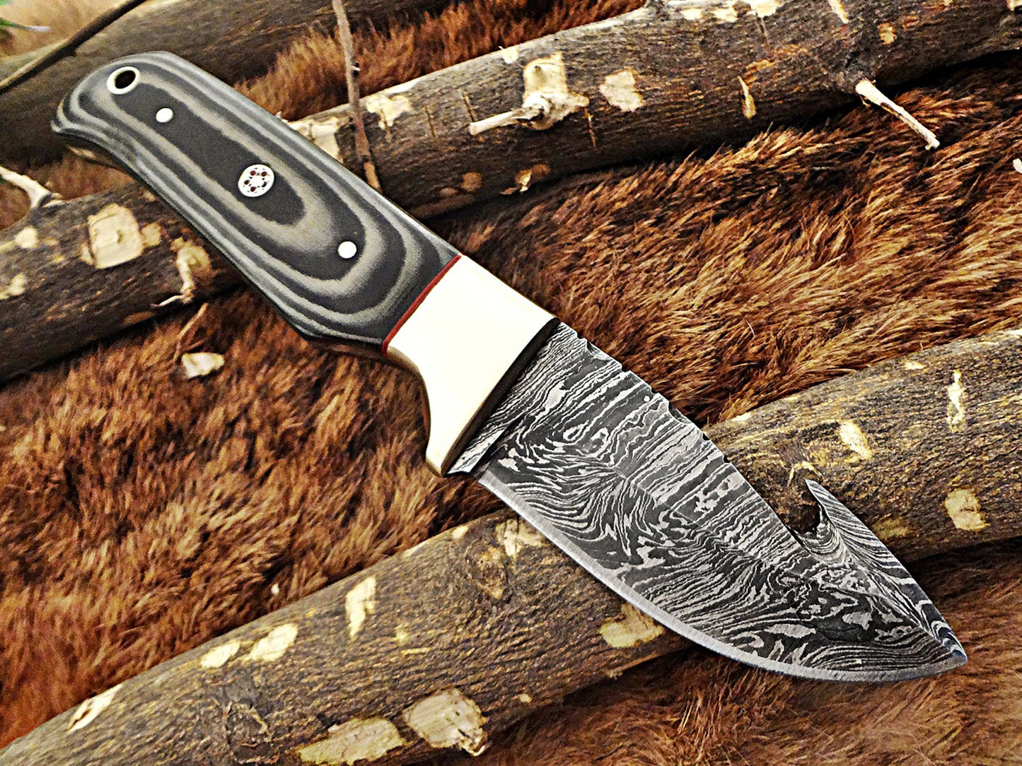 8" Long hand forged Damascus steel full tang blade gut hook skinning Knife, 3 scales available, includes Cow hide leather sheath