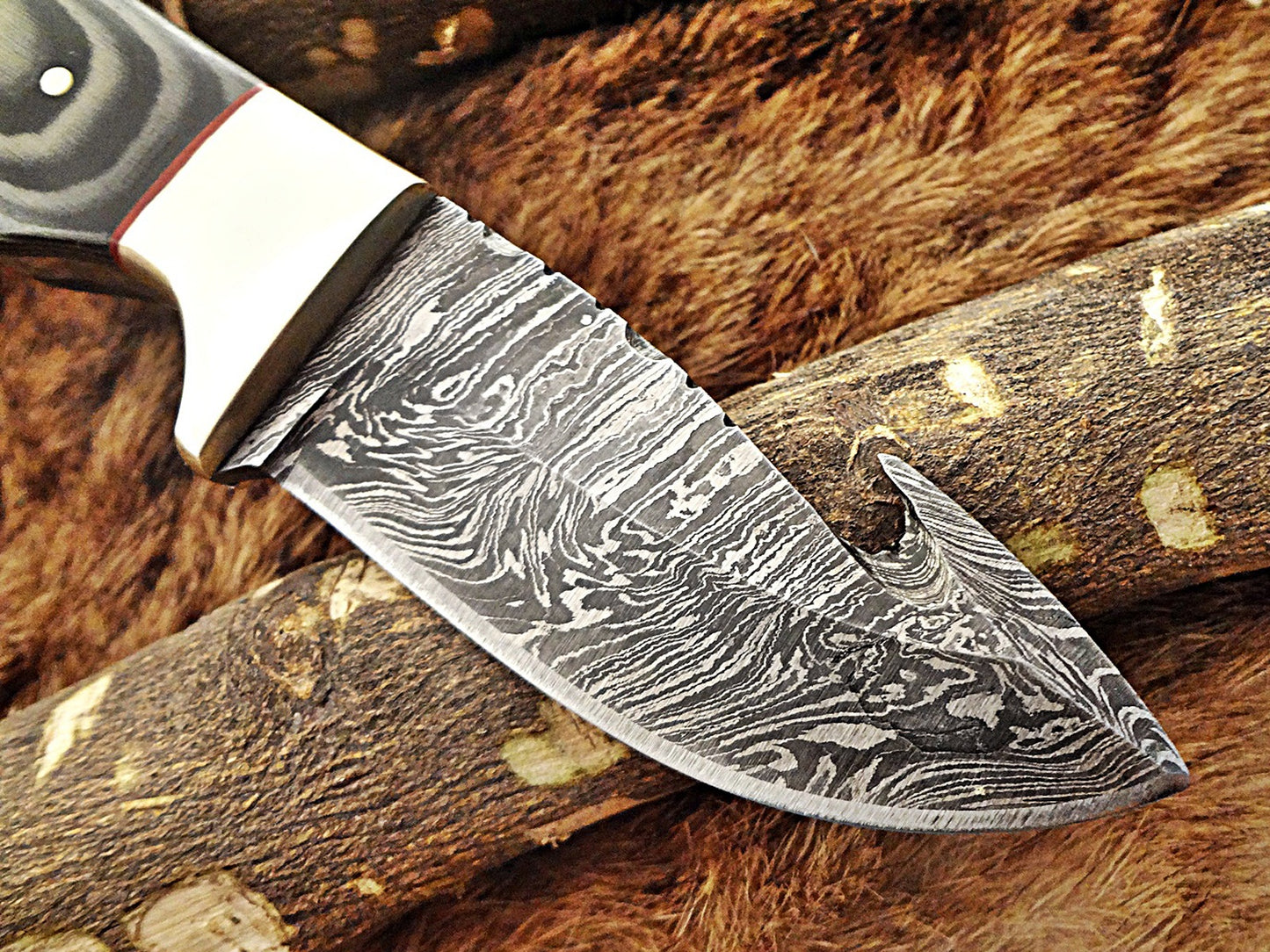 8" Long hand forged Damascus steel full tang blade gut hook skinning Knife, 3 scales available, includes Cow hide leather sheath