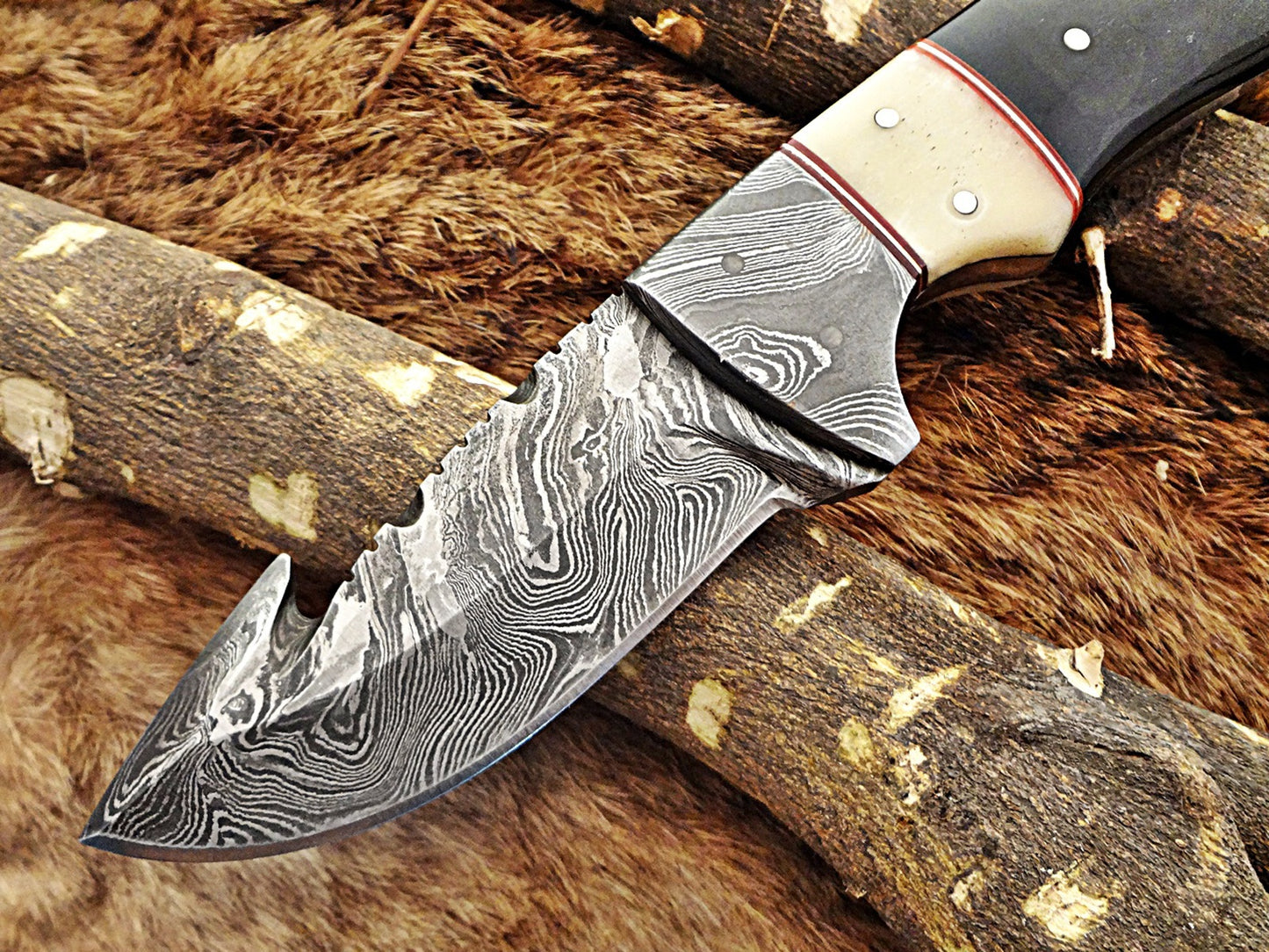 8" Long skinning knife, 4" full tang gut hook blade, hand forged Damascus steel, available in 3 scales, includes Cow Leather sheath