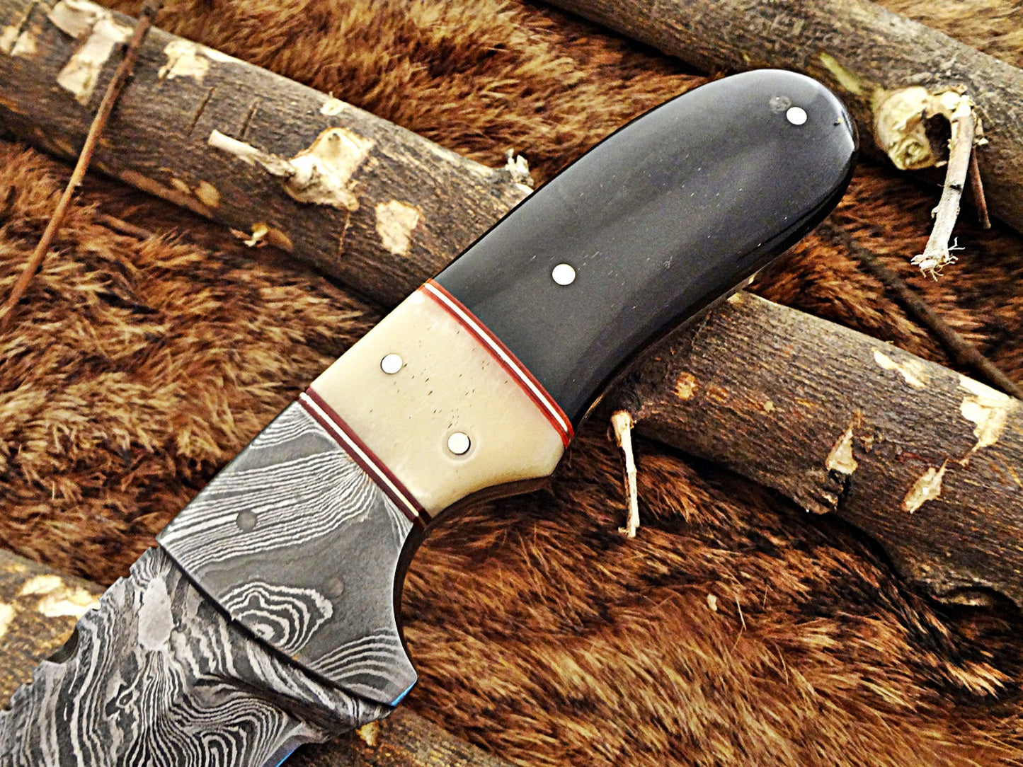 8" Long skinning knife, 4" full tang gut hook blade, hand forged Damascus steel, available in 3 scales, includes Cow Leather sheath