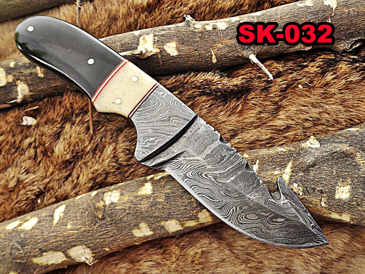 8" Long skinning knife, 4" full tang gut hook blade, hand forged Damascus steel, available in 3 scales, includes Cow Leather sheath