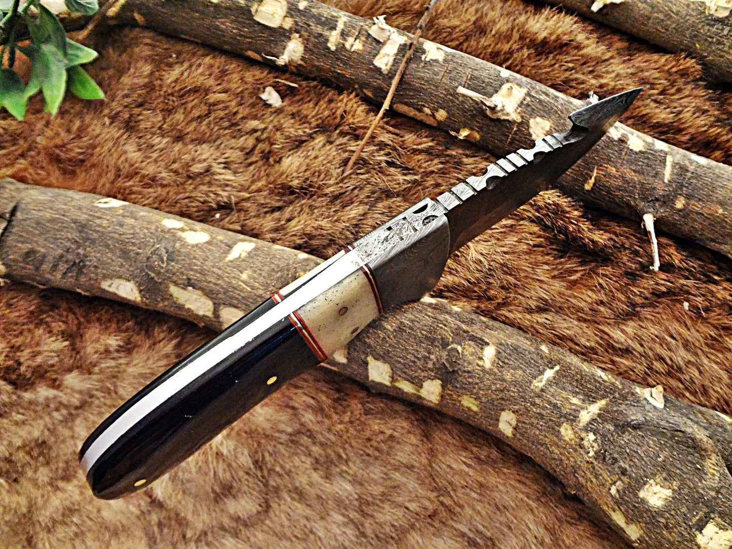 8" Long skinning knife, 4" full tang gut hook blade, hand forged Damascus steel, available in 3 scales, includes Cow Leather sheath