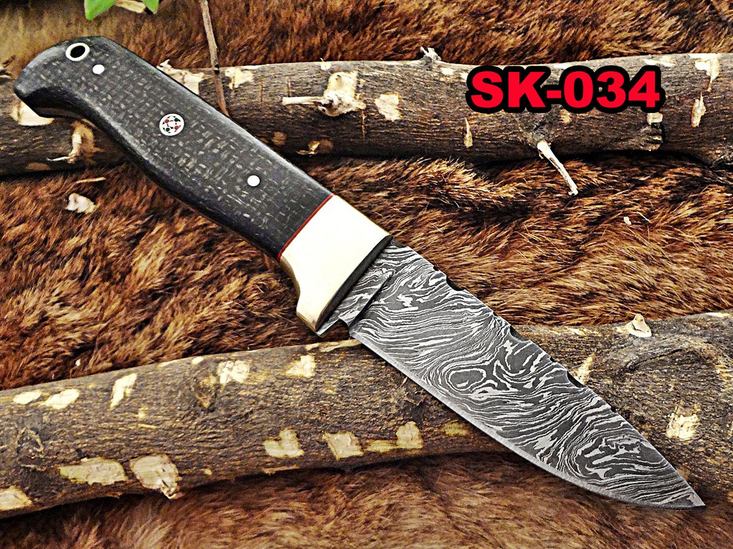 8.5" Long hand forged Damascus steel skinning knife, 4" full tang blade, Solid and 2 tone black scales available, Cow hide Leather sheath included