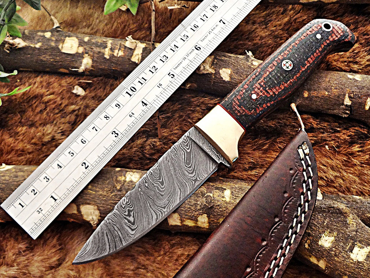 8.5" Long hand forged Damascus steel skinning knife, 4" full tang blade, Solid and 2 tone black scales available, Cow hide Leather sheath included