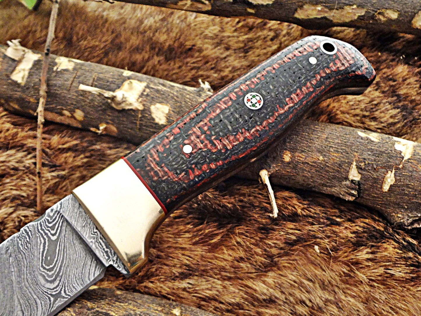 8.5" Long hand forged Damascus steel skinning knife, 4" full tang blade, Solid and 2 tone black scales available, Cow hide Leather sheath included