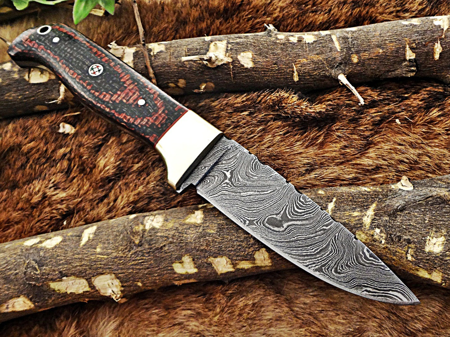 8.5" Long hand forged Damascus steel skinning knife, 4" full tang blade, Solid and 2 tone black scales available, Cow hide Leather sheath included
