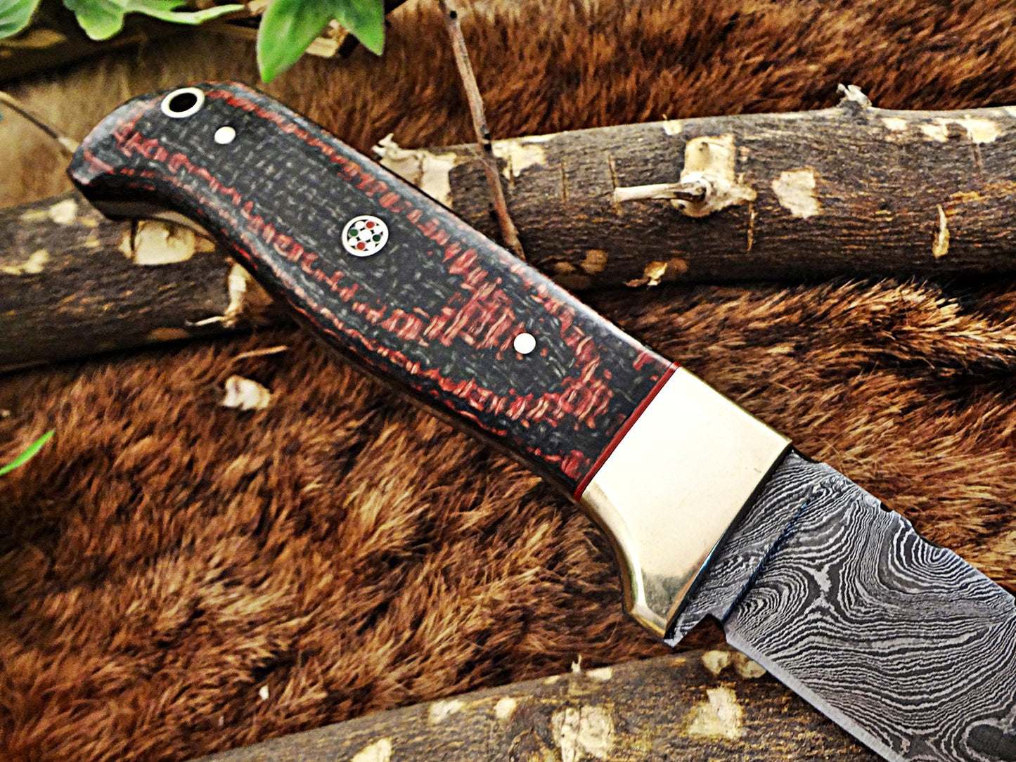 8.5" Long hand forged Damascus steel skinning knife, 4" full tang blade, Solid and 2 tone black scales available, Cow hide Leather sheath included