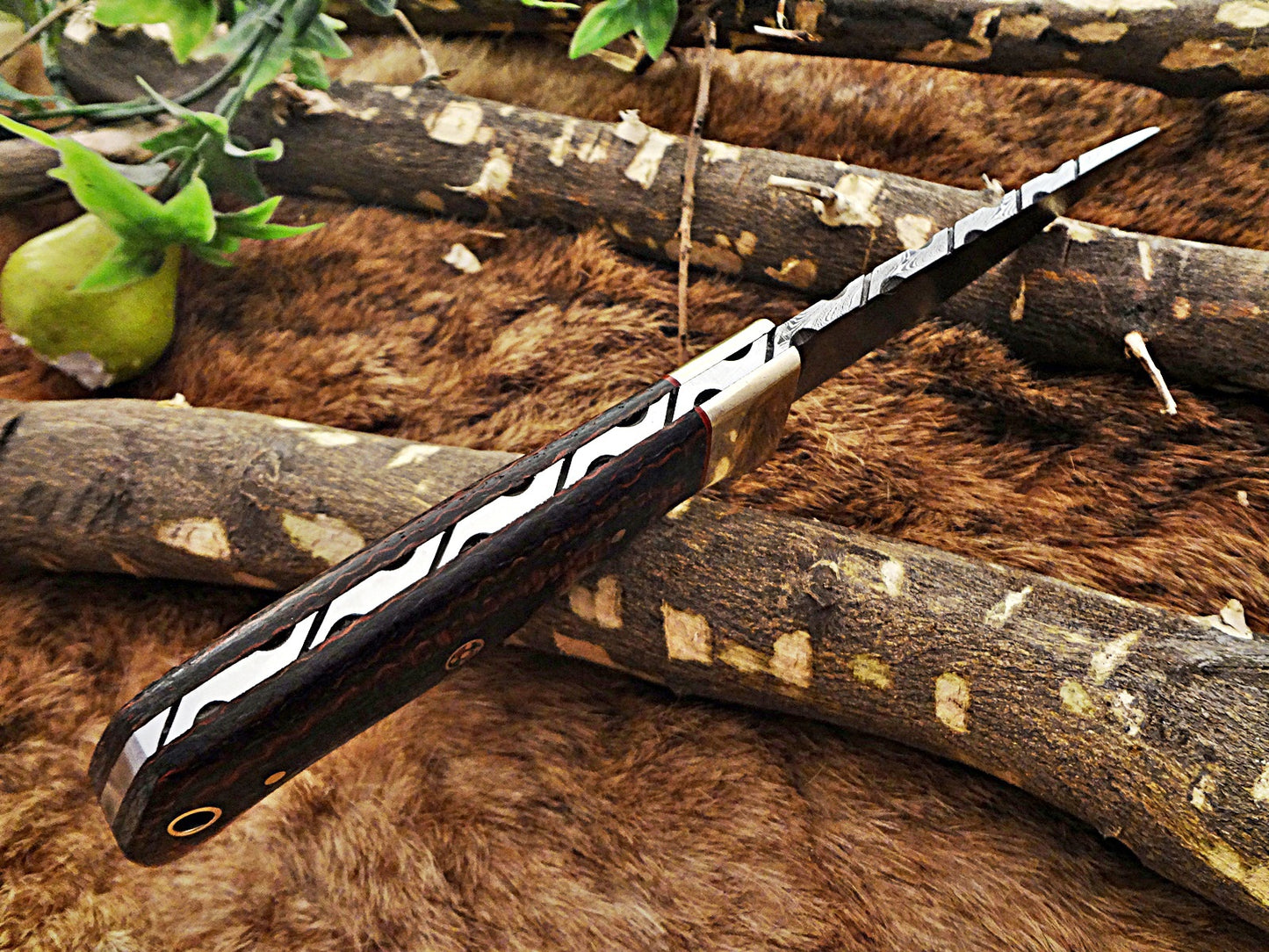 8.5" Long hand forged Damascus steel skinning knife, 4" full tang blade, Solid and 2 tone black scales available, Cow hide Leather sheath included