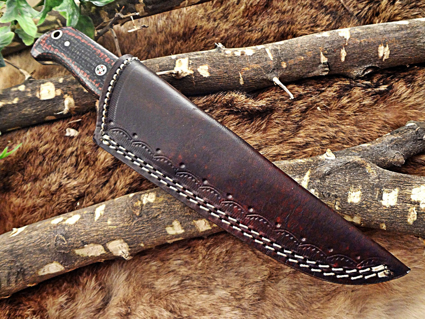 8.5" Long hand forged Damascus steel skinning knife, 4" full tang blade, Solid and 2 tone black scales available, Cow hide Leather sheath included