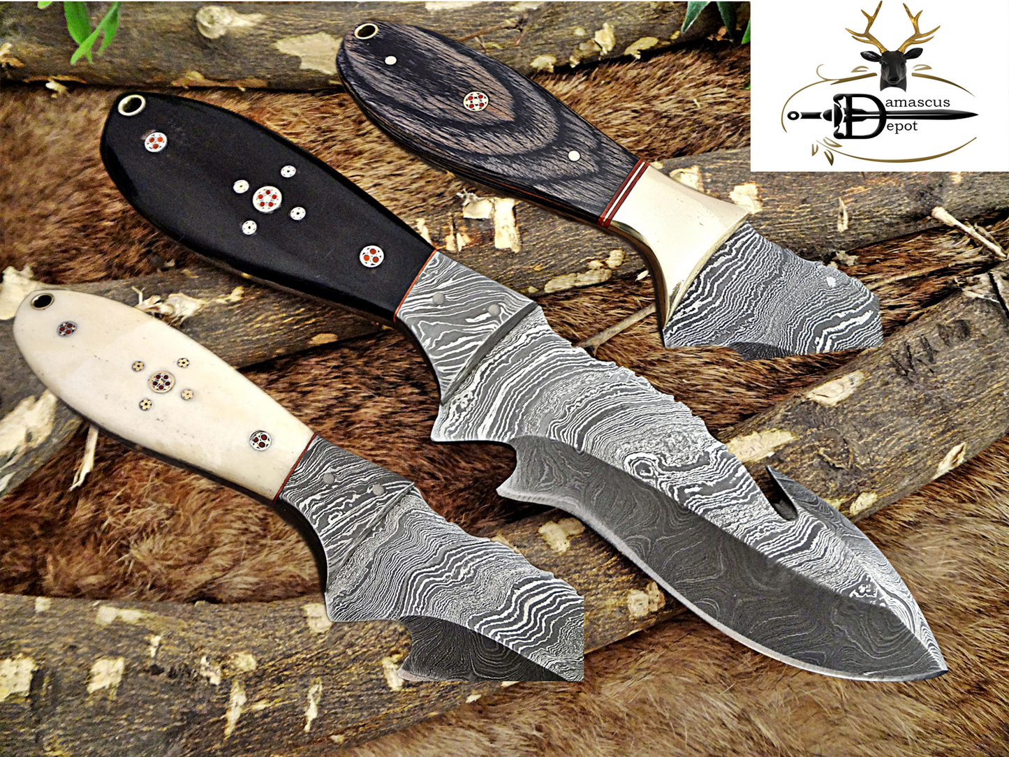 9" Long hand forged Damascus steel full tang skinning Knife with gut hook, Bull horn with Damascus Bolster, Cow hide Leather sheath
