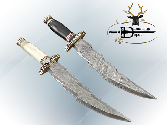 14.5" long custom made Hand Forged Damascus Steel zig zag blade Knife With 9" blade, camel bone with engraved brass scale Leather sheath