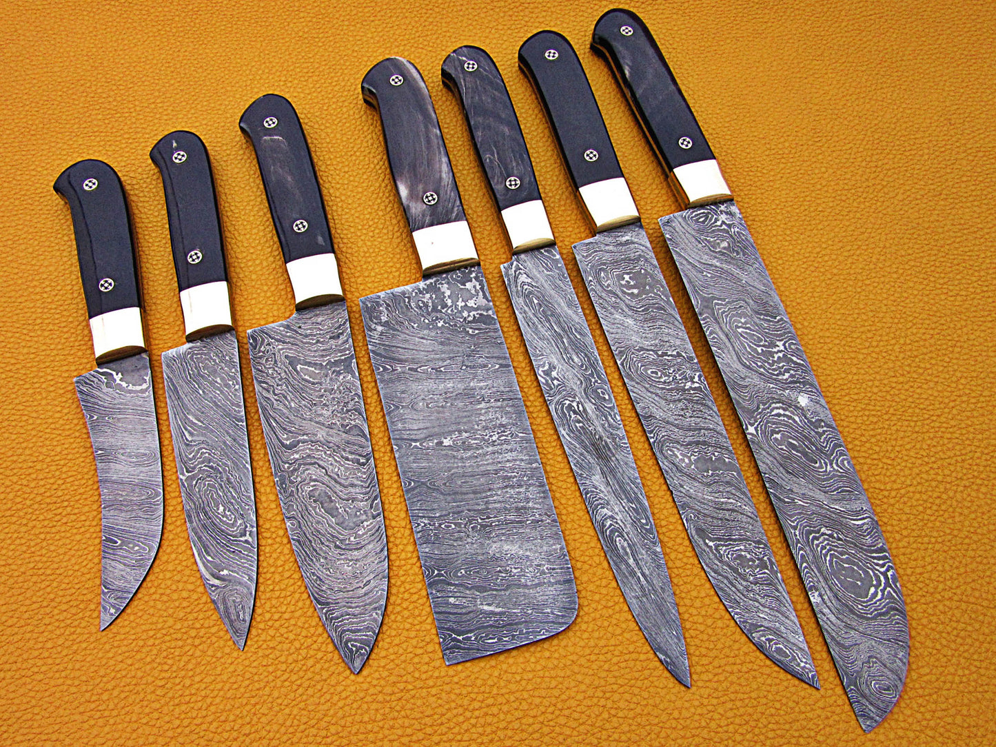7 pieces Custom made hand forged Damascus steel full tang blade kitchen knife set, Over 75 inches Length of Damascus sharp knives (15+14+13.5+12+11+10+9) Inches, Cow hide Leather sheath