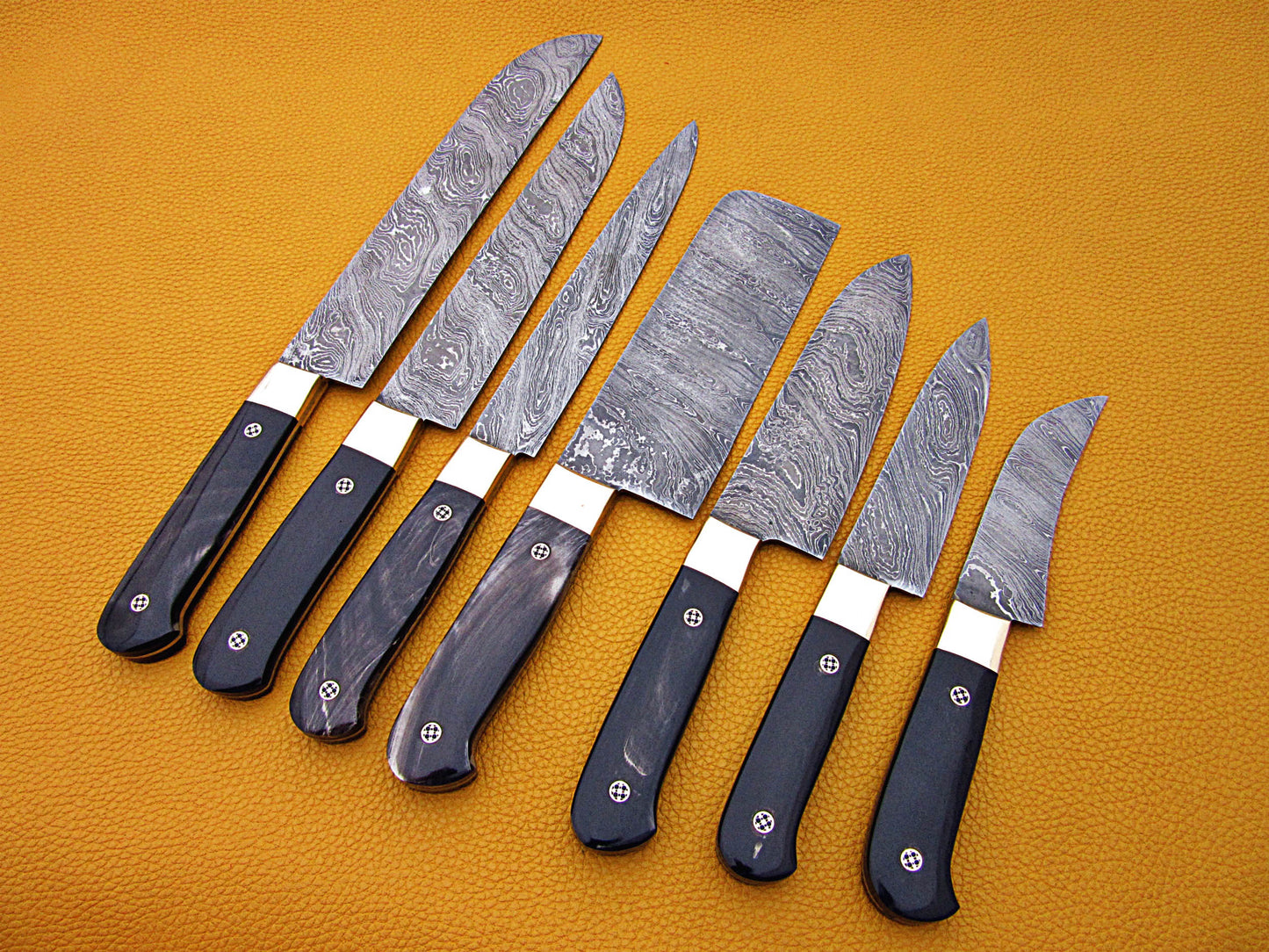 7 pieces Custom made hand forged Damascus steel full tang blade kitchen knife set, Over 75 inches Length of Damascus sharp knives (15+14+13.5+12+11+10+9) Inches, Cow hide Leather sheath