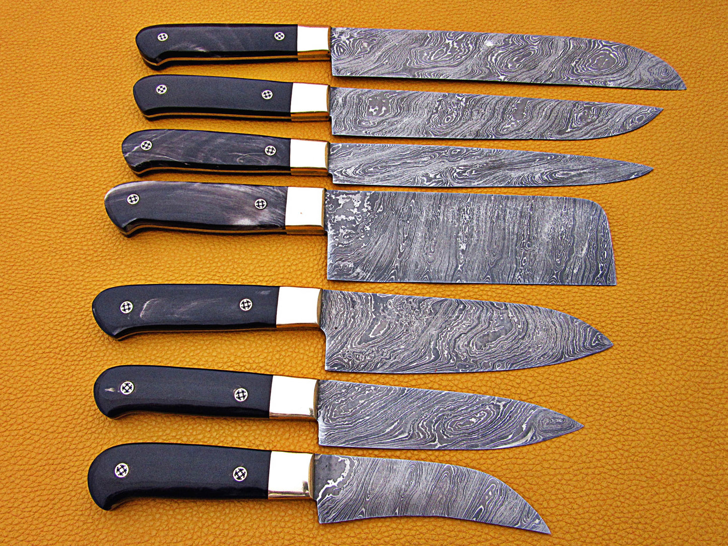 7 pieces Custom made hand forged Damascus steel full tang blade kitchen knife set, Over 75 inches Length of Damascus sharp knives (15+14+13.5+12+11+10+9) Inches, Cow hide Leather sheath