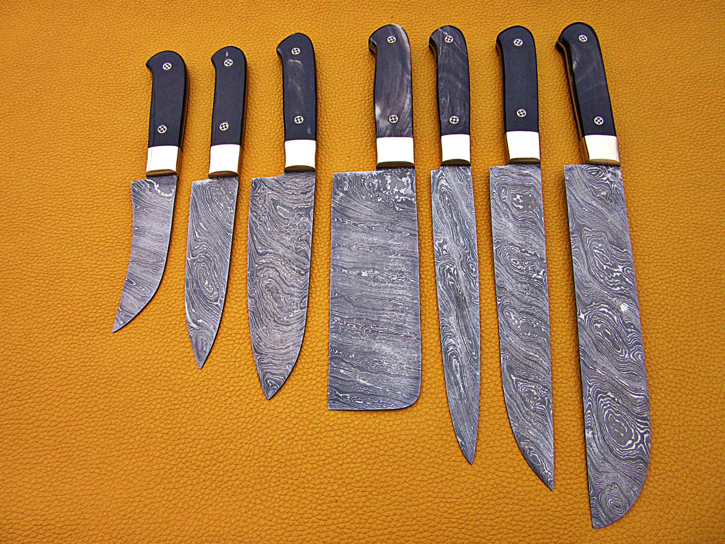 7 pieces Custom made hand forged Damascus steel full tang blade kitchen knife set, Over 75 inches Length of Damascus sharp knives (15+14+13.5+12+11+10+9) Inches, Cow hide Leather sheath