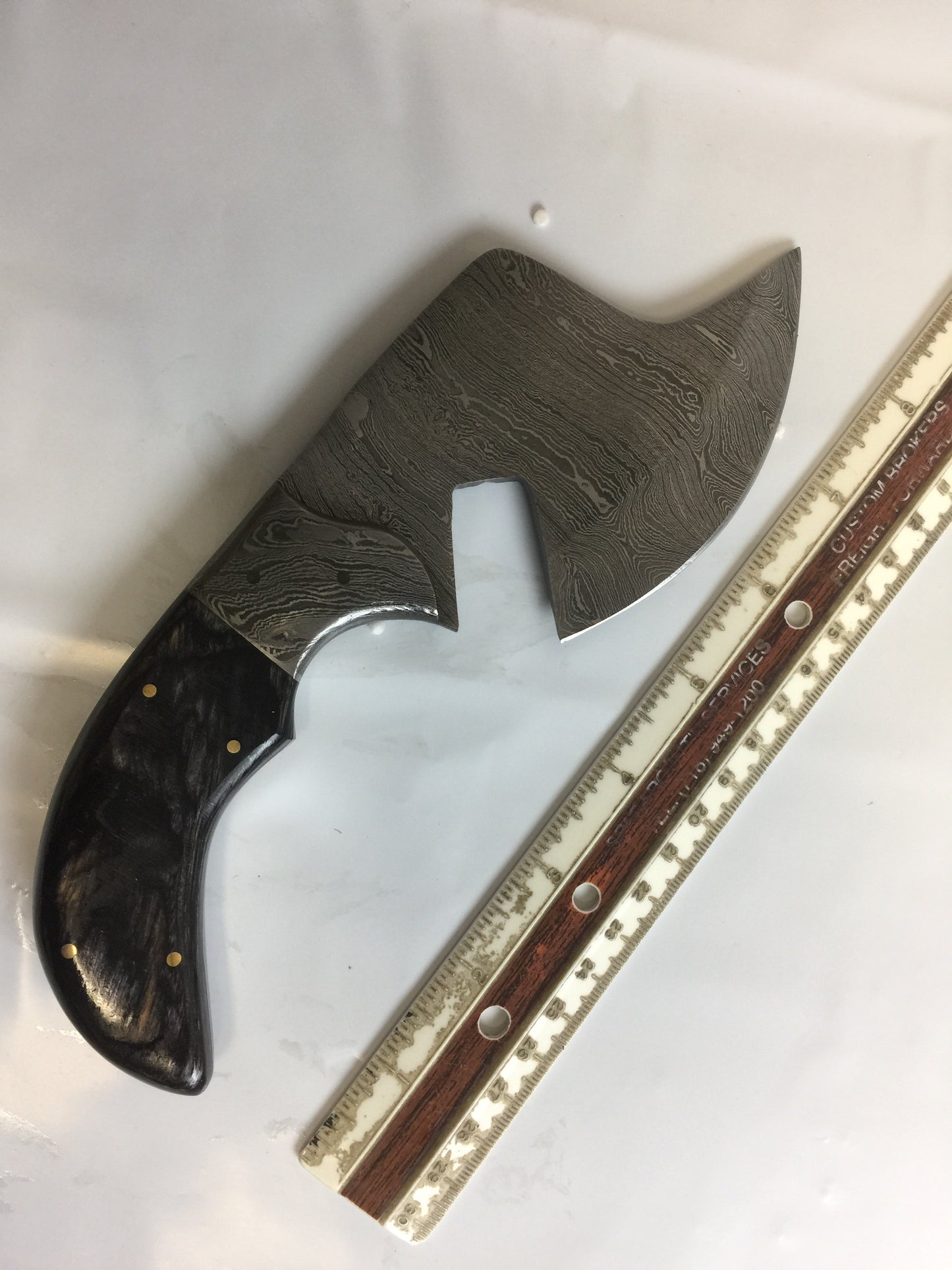 9" hand forged Twist Pattern Damascus steel chopper, 2 tone Dollar wood scale compact cleaver, Leather sheath included