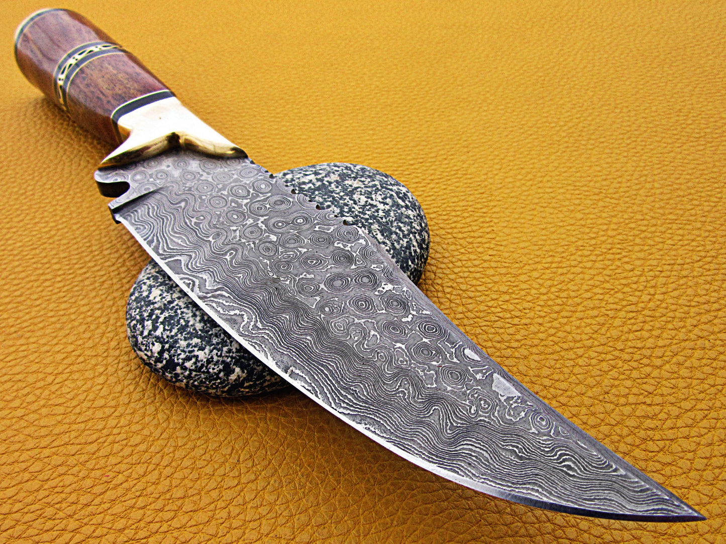 12" Long Damascus steel Skinning Knife hand forged Twist pattern Damascus steel, Rose wood round scale crafted with engraved brass spacer & cap, Cow hide leather sheath with belt loop