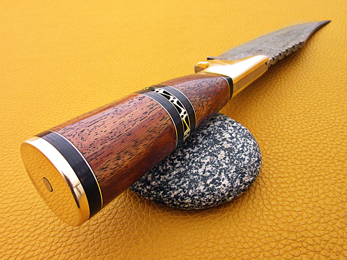 12" Long Damascus steel Skinning Knife hand forged Twist pattern Damascus steel, Rose wood round scale crafted with engraved brass spacer & cap, Cow hide leather sheath with belt loop